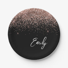 Girl Black Rose Gold Blush Pink Glitzer Monogram Pappteller