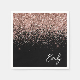 Girl Black Rose Gold Blush Pink Glitzer Monogram Serviette