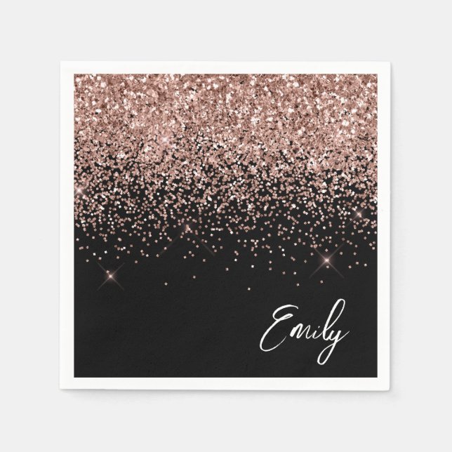 Girl Black Rose Gold Blush Pink Glitzer Monogram Serviette (Vorderseite)