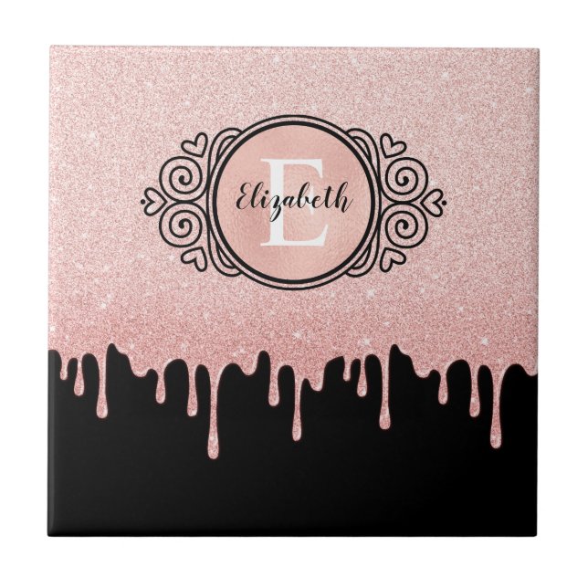 Girl Black Rose Gold Glitzer Tropfen Monogram Fliese (Vorderseite)