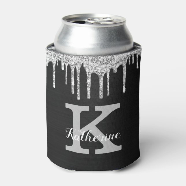 Girl Black Silver Glitzer Tropfen Monogram Name Dosenkühler (Kanne Vorderseite)