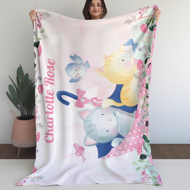 Girl Blanket mit rosa Blume und Niedlichen Kätzche Fleecedecke (Girl Blanket with Pink Flowers and Cute Kittens)
