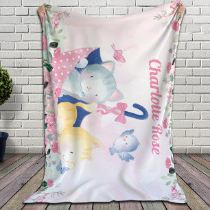 Girl Blanket mit rosa Blume und Niedlichen Kätzche Sherpadecke