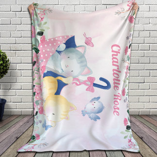 Girl Blanket mit rosa Blume und Niedlichen Kätzche Sherpadecke