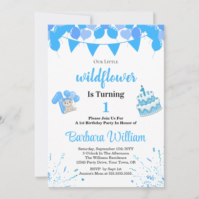 Girl Blue Bear 1st Birthday Invitation Card (Devant)