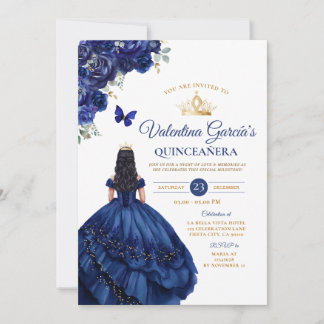 Girl Blue Dress Quinceañera 15 Anos Blume Gold Einladung