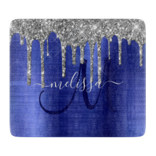 Girl Blue Dripping Glitzer Brush Metal Monogramm Schneidebrett