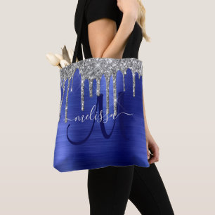 Girl Blue Dripping Glitzer Brush Metal Monogramm Tasche