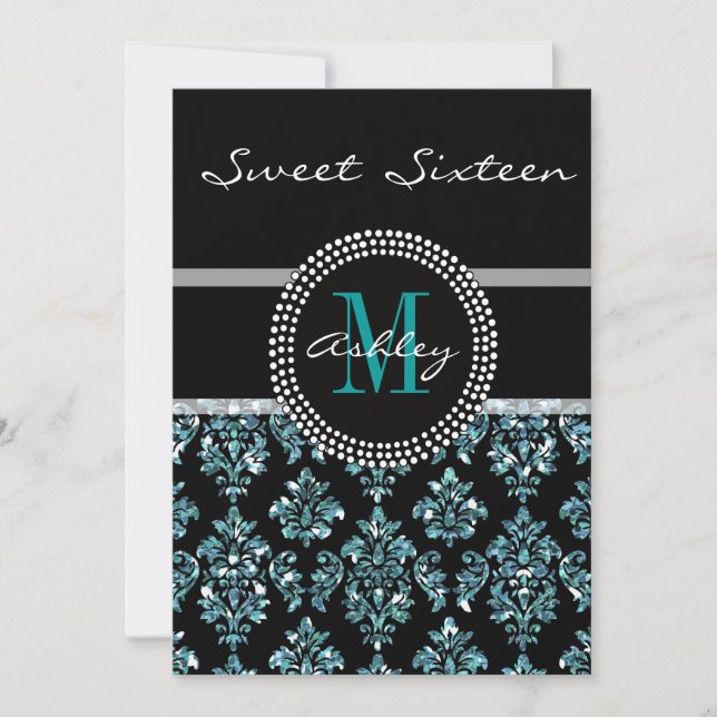 Girl Blue Glitzer Black Damask Personalisiertes Pa Einladung (Vorderseite)