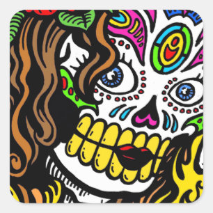 Girl Blume Sugar Skull Quadratischer Aufkleber