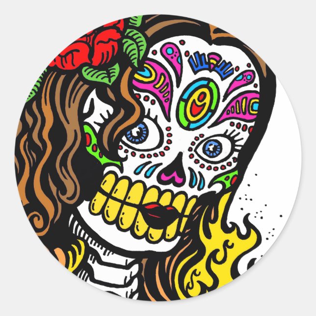 Girl Blume Sugar Skull Runder Aufkleber (Vorderseite)