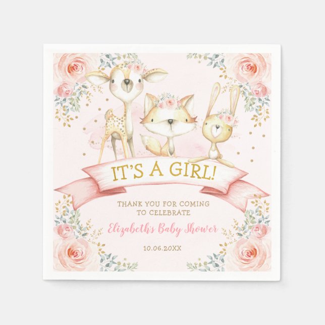 Girl Blush Floral Woodland Animals Kinderdusche Serviette (Vorderseite)