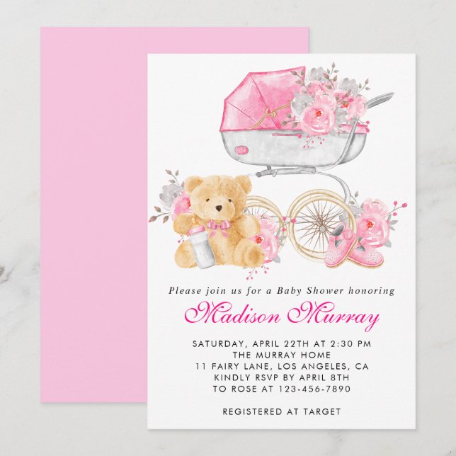Girl Blush Pink Bläserstollen Pram Babydusche Einladung (Vorne/Hinten)