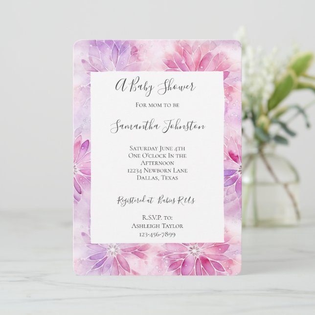 Girl Blush Pink Chic Lavender Floral Baby Dusche Einladung (Stehend Vorderseite)