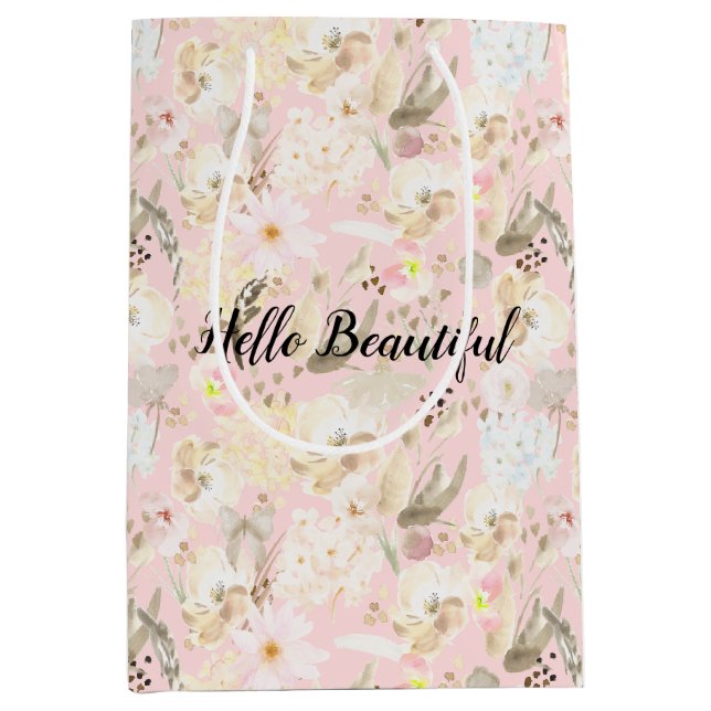 Girl Blush Pink Creme White Floral Mittlere Geschenktüte (Vorderseite)