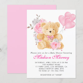 Girl Blush Pink Floral Teddy Bear Baby Dusche Einladung