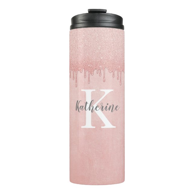 Girl Blush Pink Glitzer Tropfen Monogram Thermosbecher (Vorderseite)