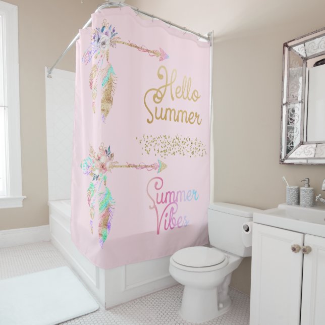 Girl Blush Pink & Gold Boho Feather Hallo Sommer Duschvorhang (Beispiel)