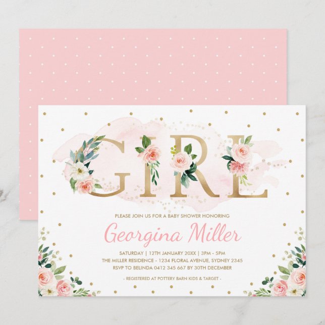 Girl Blush Pink Gold Floral Baby Girl Dusche Einladung (Vorne/Hinten)