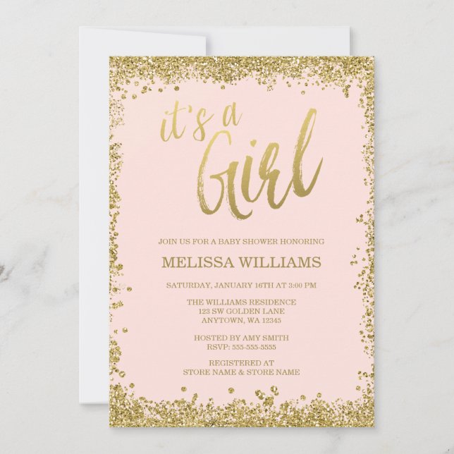 Girl Blush Pink Imitate Gold Glitzer Kinderdusche Einladung (Vorderseite)