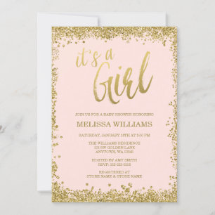 Girl Blush Pink Imitate Gold Glitzer Kinderdusche Einladung