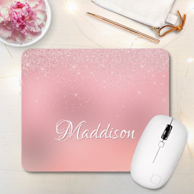 Girl Blush Pink Silver Glitzer Personalisierter Na Mousepad (Von Creator hochgeladen)