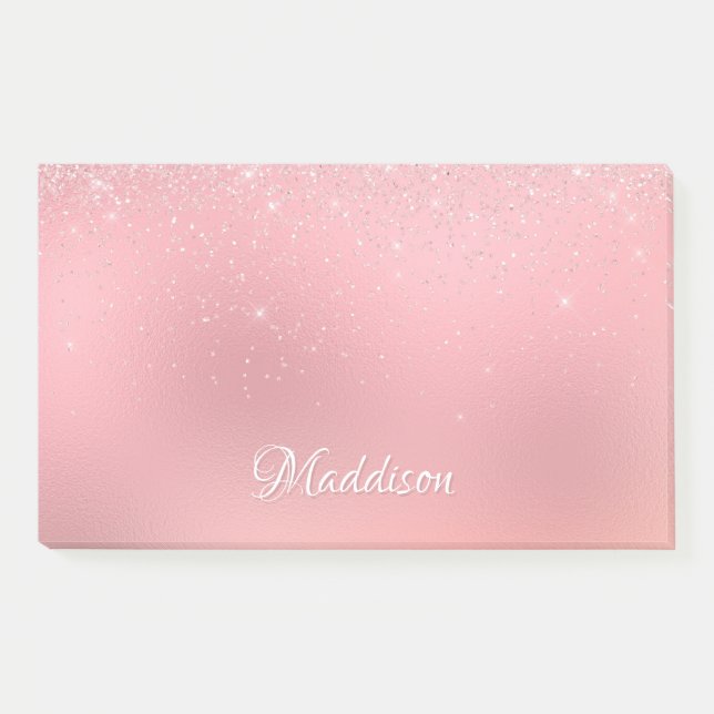 Girl Blush Pink Silver Glitzer Personalisierter Na Post-it Klebezettel (Vorderseite)