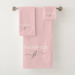 Girl Blush Pink Simple Script Monogram Name Badhandtuch Set