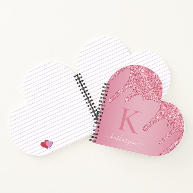 Girl Blush Pink Sparkle Glitzer Tropfen Monogram Notizbuch (Innenseite)