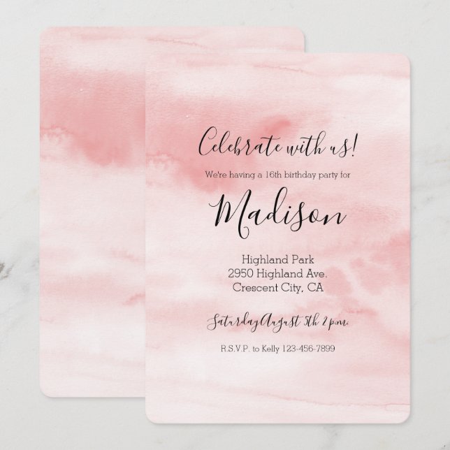 Girl Blush Pink Wasserfarbe personalisiert Einladung (Vorne/Hinten)
