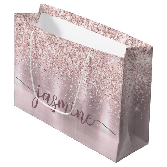 Girl Blush Rose Gold Glitzer Monogram Name Script Große Geschenktüte (Vorderseite Schrägansicht)