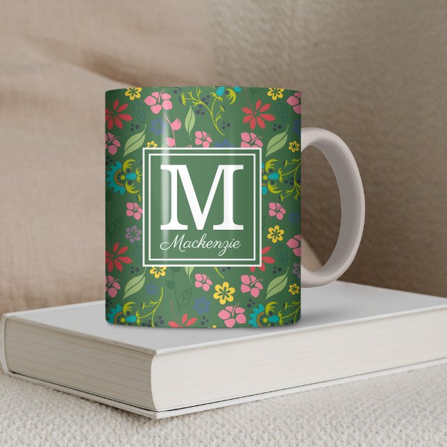 Girl-Bohemische Blume Forest Green Monogram Kaffeetasse (Girly Bohemian Flowers Forest Green Monogram Coffee Mug)