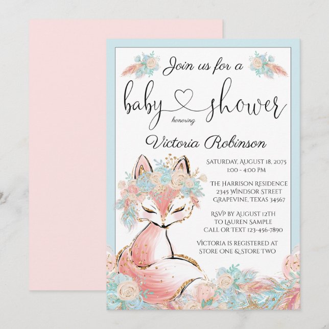 Girl Boho Fox Pink Aquamarin Gold Baby Dusche Einladung (Vorne/Hinten)