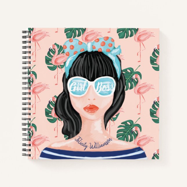 Girl Boss | Beach Beauty Retro Tropical Flamingo Notizbuch (Vorderseite)