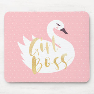 Girl Boss   Chic Girly White Swan & Polka Dot Mousepad