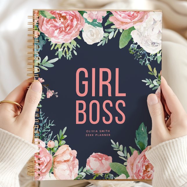 Girl Boss | Personalisierte Navy und Rosa Flora Planer (Von Creator hochgeladen)