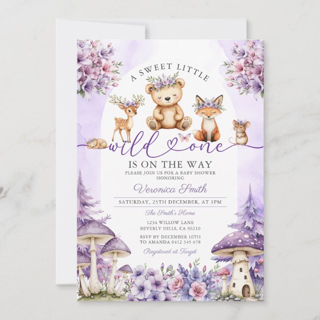 Girl Bow Lila Deer Woodland Wild One Baby Shower Einladung (Vorderseite)