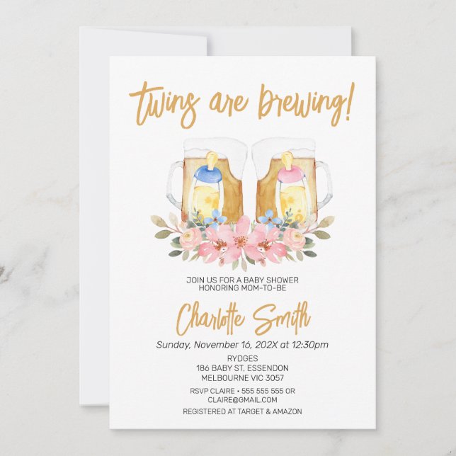 Girl Boy Twins Baby Brewing Baby Shower Einladung (Vorderseite)