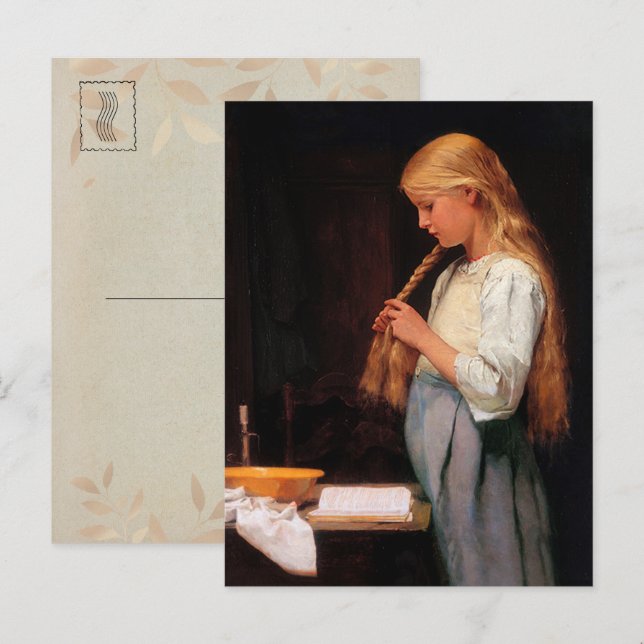 Girl Braiding ihre Haare und Lektüre eines Buches Postkarte (Vorne/Hinten)