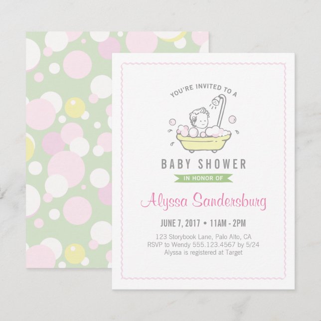 Girl Bubble Bath Baby Dusche Einladung (Vorne/Hinten)