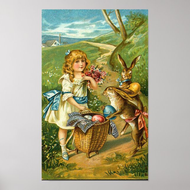 Girl & Bunnies Vintage Osterlandschaft Poster (Vorne)
