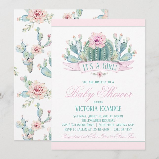 Girl Cactus Baby Shower Einladungen (Vorne/Hinten)