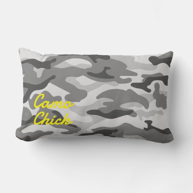Girl Camouflage Black & White Monogram Yellow | Lendenkissen (Vorderseite)