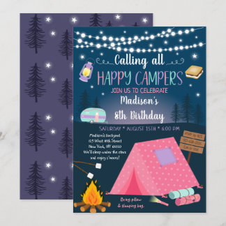 Girl Camping S'mores Sleepover Geburtstag Einladung