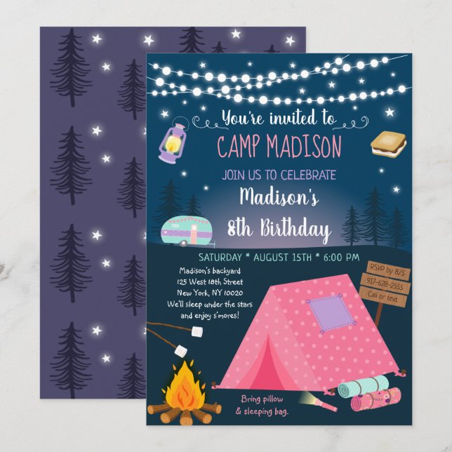 Girl Camping S'mores Sleepover Invitation Annivers (Devant / Derrière)