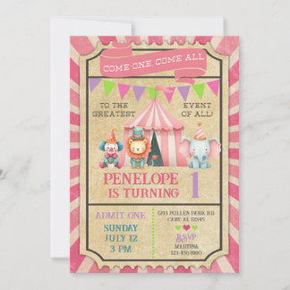 Girl carnival / circus ticket pink birthday invite einladung
