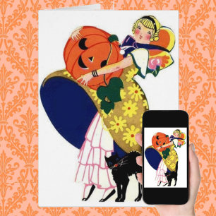 Girl Carrying Pumkin with Black Cat