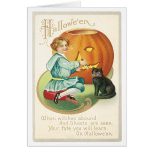 Girl Carving A Pumpkin Vintag Card