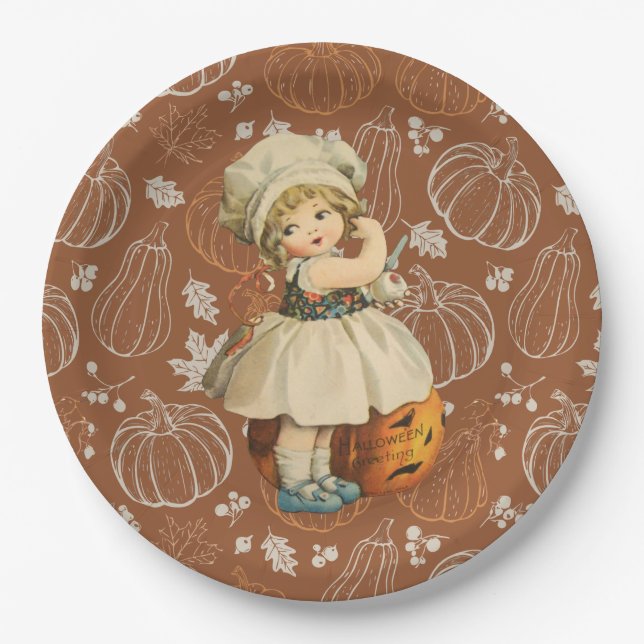 Girl Carving Apple Halloween Pappteller (Vorderseite)