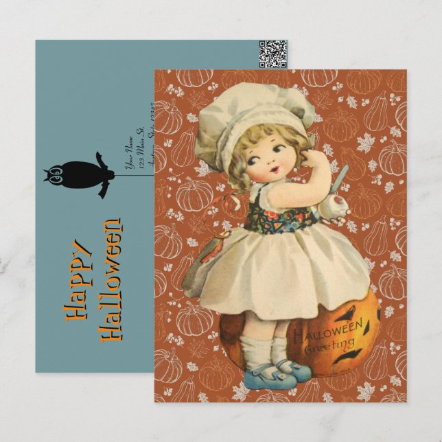 Girl Carving Apple Halloween Postkarte (Vorne/Hinten)